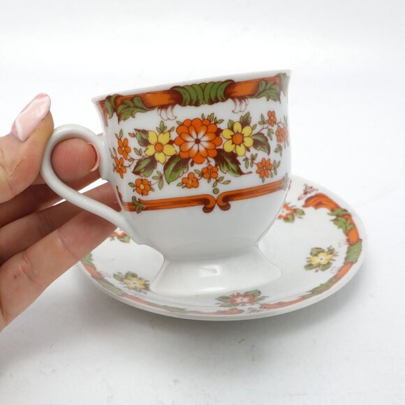 Vintage Winterling Röslau Bavaria Espresso Cup & Saucer Floral Germany Orange - Picture 2 of 8